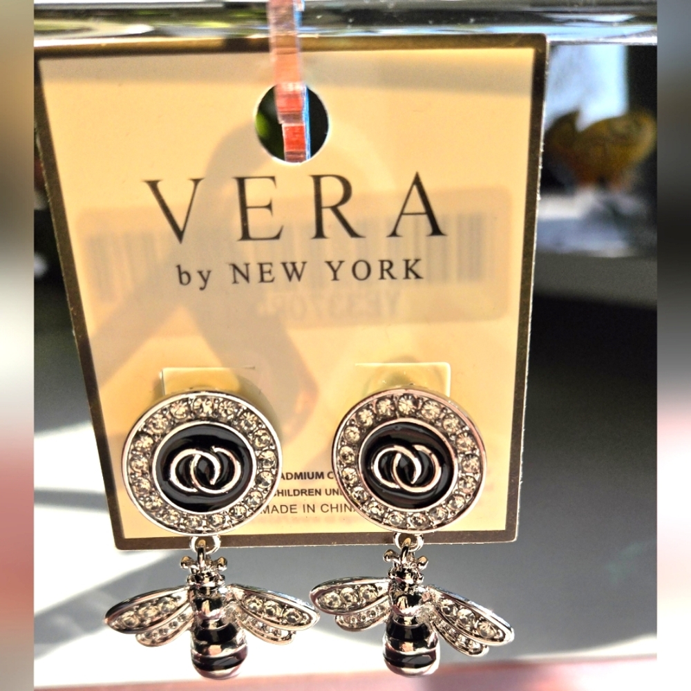 Vera by New York Silver and Black Bee Earrings